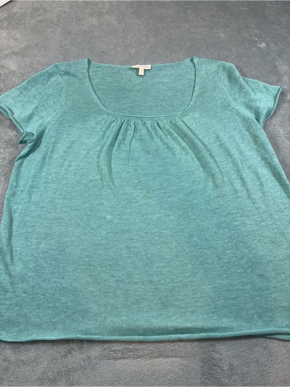 Eileen Fisher 100% Linen Scoop Neck Gathered Top Green XL